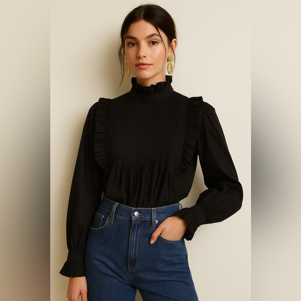 Rough Studios Black Cotton Ruffle Blouse | Made in India | Size Large